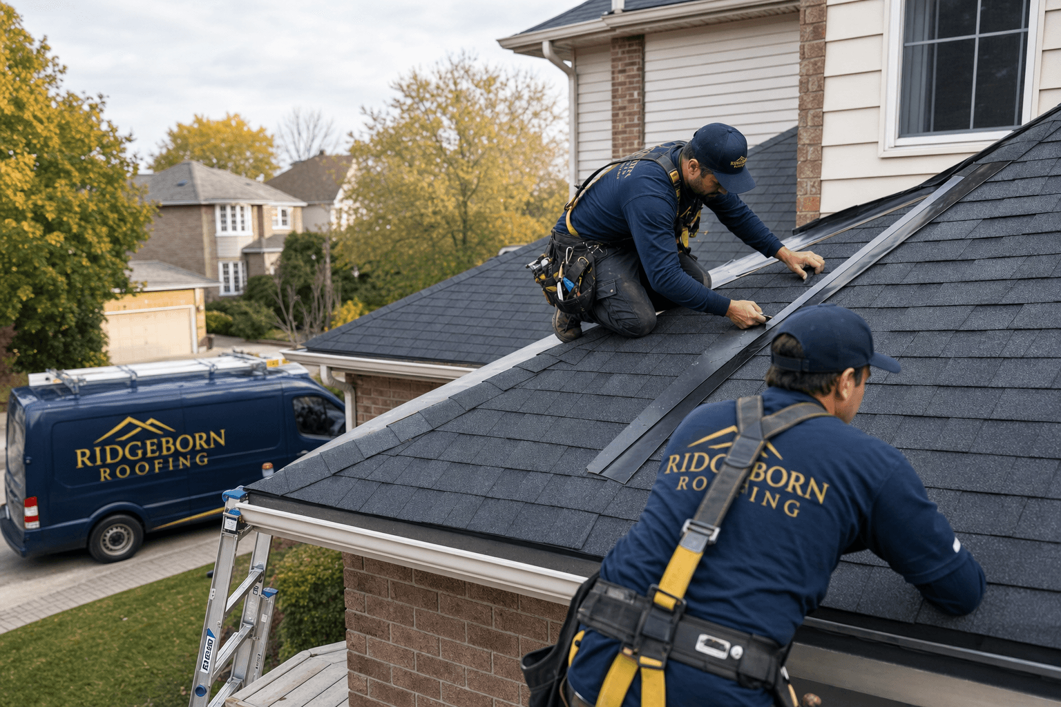 Roofer safely working on a shingle roof